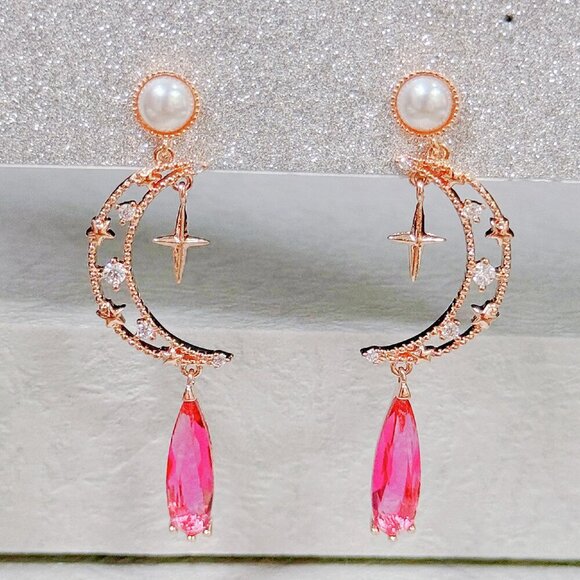 Handmade Jewelry - Moon earrings, Celestial earrings, Crystal Pearl Teardrop, Vintage Jewelry